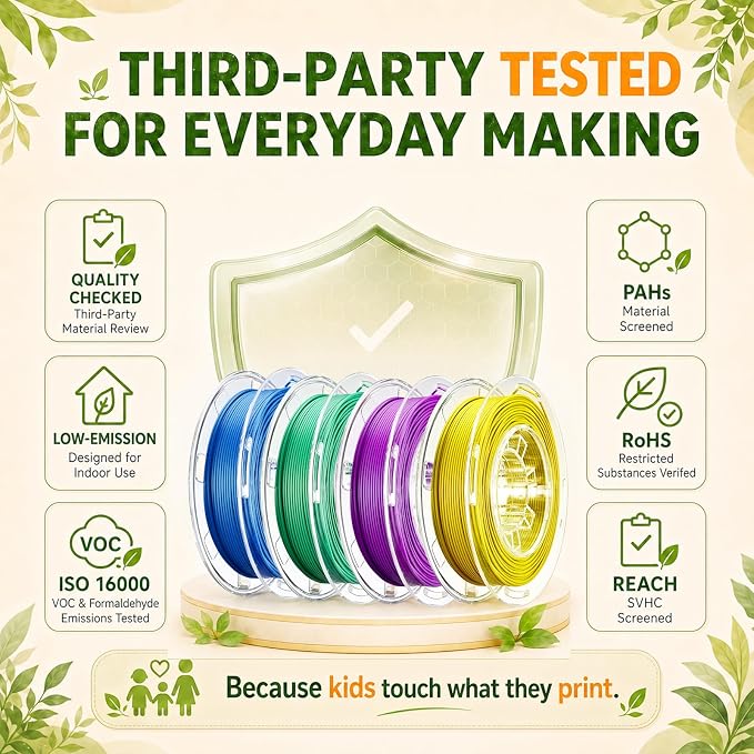 AOSEED PLA Filament Set 1.75mm (±0.02mm), 4-Pack, 200 g (0.44 lb) per Spool | Multi-Color Bundle for Most FDM 3D Printers, Low-Odor, Safety-Tested, Tangle-Free & Moisture-Protected for Home & Classroom