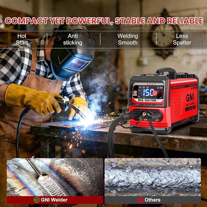 GNI Multiprocess Portable MINI Welder, MIG/TIG/Stick 3 IN 1 Welding Machine | IGBT Inverter Beginner-Friendly MIG Welder Machine with Auto-Darkening Goggles, 150A Flux Core Welder for Home DIY