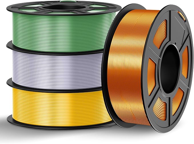 TECBEARS Silk Filament 1.75, Shiny Silk PLA Filament, 3D Printer Filament with Smooth Silky Surface, Pack of 4, Light Gold+Silver+Bronze+Brass