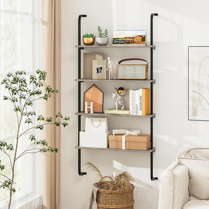 Giantex 4-Tier Industrial Bookshelf of 2, Wall Mounted Pipe Shelving Unit, Floating Shelves with Metal Frame, Hanging Wall Display Shelf, Wood Ladder Bookshelf for Living Room, Kitchen,Gray Oak