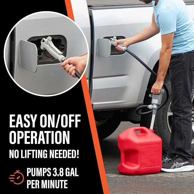 Deway Automatic Fuel Transfer Pump with Nozzle for Quick Flow Control & Stop, 51" Heavy Duty Rubber Hose, Powerful AA Battery Powered w/USB-C Option, Fits All Size Cans, Transfers at 3.8 Gal/Min