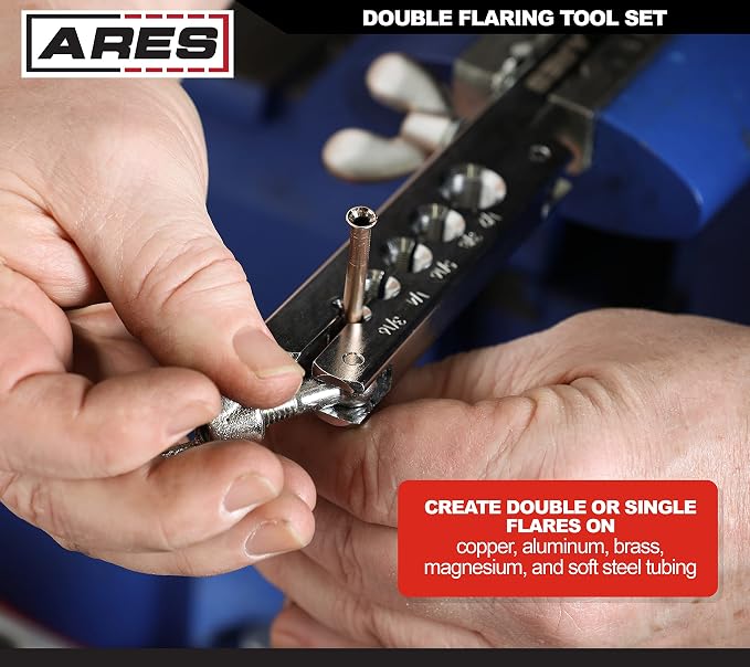 ARES 18019 - Double Flaring Tool Set with Extra Adapters- Use on Copper, Aluminum, Soft Steel Brake Line and Brass Tubing - Includes Mini Tubing Cutter and Storage Case
