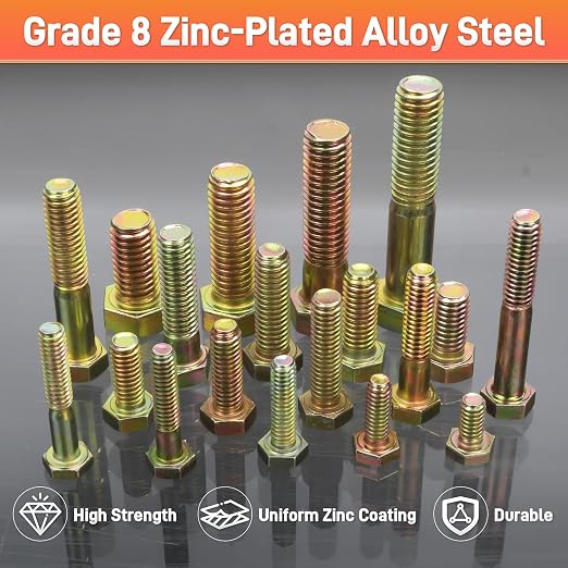 Quibbay 924Pcs Grade 8 Bolts and Nuts Assortment Kit, 1/4-20, 5/16-18, 3/8-16, 1/2-13 Heavy Duty Hex SAE Assorted Bolts Nuts and Washers Kit, Carbon Steel Machine Hardware Screw Sets with Case