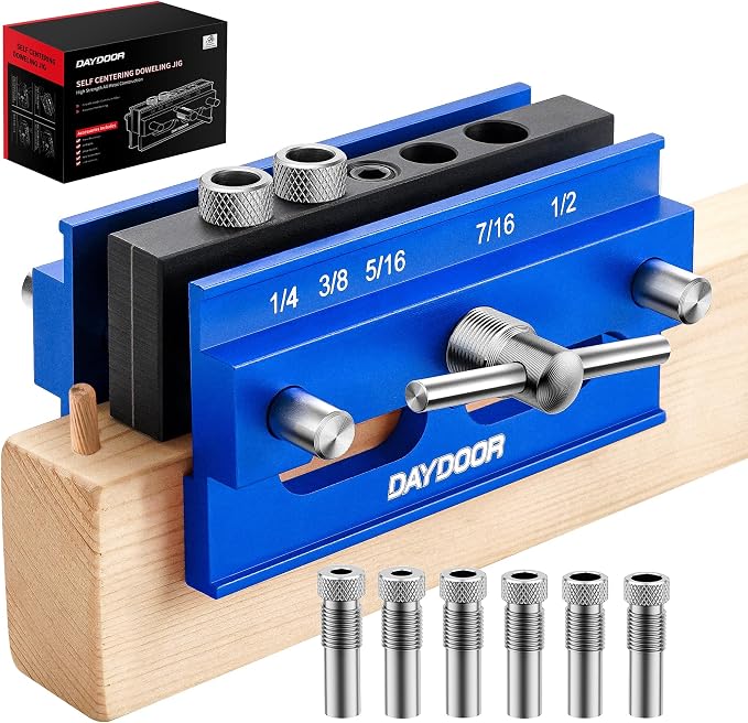 DAYDOOR 2.1" Self Centering Dowel Jig, Universal Capacity Doweling Jig & Drill Guide for Woodworking, Complete Kit with 6 Steel Bushings for Straight Holes(Blue)