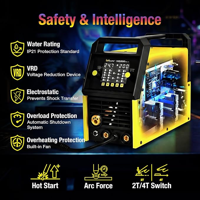 Weldpro 200 Amp MIG Welder, 110/220V 7-in-1 Manual MIG/Synergic MIG/Gasless MIG/Lift TIG/MMA/Spot/Spool Gun Aluminum Multi-process Welding Machine with Large LED Display, IGBT, 2T/4T, Spool Gun
