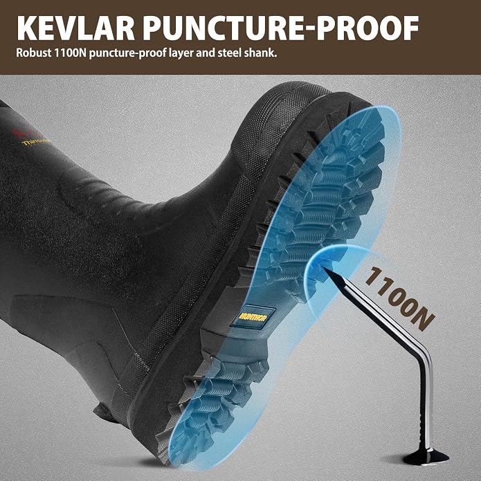 Rubber Work Boots with 800g Insulation, Puncture-Proof Steel Toe & Shank, Lightweight EVA Outsole Waterproof Insulated Neoprene Hunting Boots for Farming, Construction and Manufacturing (Size 6-14)