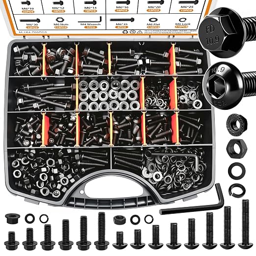 mankk 700PCS M6 Flange Bolt and M6 Button Head Hex Socket Cap Screws Assortment Kit M6×1.0 (10mm to 35mm) Metric Grade 10.9 Alloy Steel Class Hex Bolts and Nuts Washers Kit
