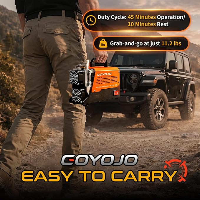 GOYOJO AC-2 PCP Air Compressor, 4500 PSI/30 MPa Portable Oil-Free Air Pump, Up to 45 Min Continuous Runtime, 12V DC & 110V/220V AC Converter, for PCP Airguns & HPA Paintball Tanks