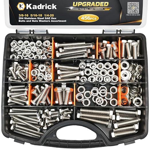 Kadrick 456Pcs 18-8(304) Stainless Steel Hex Bolts Assortment,1/4-20 5/16-18 3/8-16 Heavy Duty Bolts and Nuts Kit, Assorted SAE Bolts Nuts Flat&Lock Washers,Lenth Form 1/2''-2''