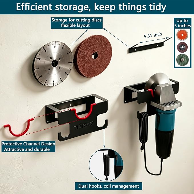 Angle Grinder Holder Wall Mount – Heavy Duty Tool Storage Rack for 4-1/2" to 6" Grinder, Impact Wrench & Polisher, with Cord Management Hooks & Disc Hooks, Ideal for Workshop & Garage Organization
