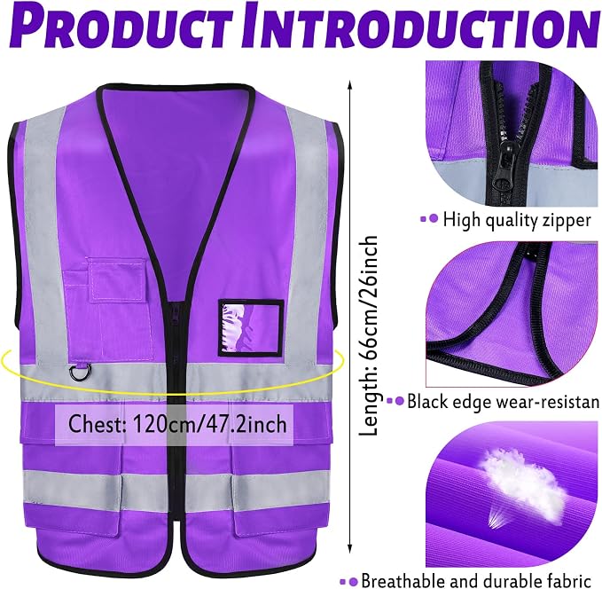 EBOOT 20 Pcs Vests High Visibility Reflective Vest Safety Neon Bright Work Construction Vest with Pockets Reflective Strips (Purple)