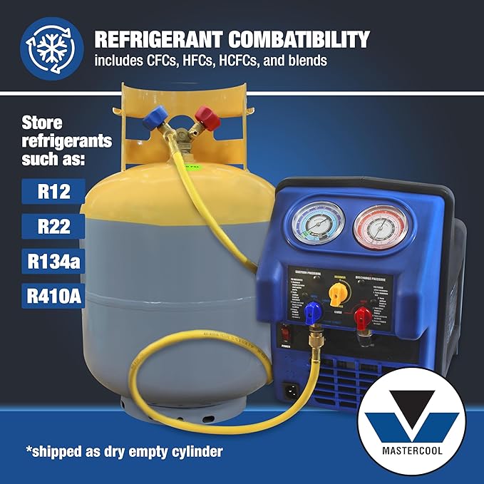 Mastercool 63010 50 lb Refrigerant Recovery Cylinder, DOT-Approved, 1/4" FL-M Connections, HP325/HP345 Steel, Yellow/Gray (No Refrigerant Included)