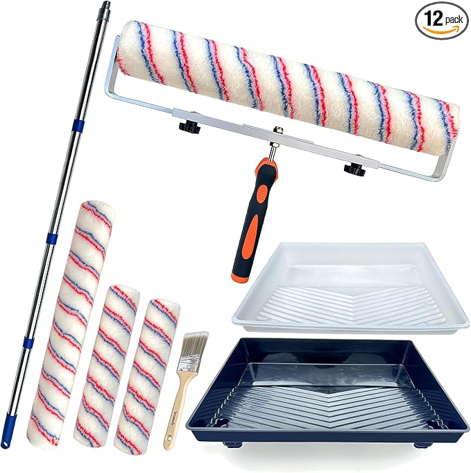 Paint Roller Kit with Extension Pole Adjustable Frame 12 Inch 18 Inch Microfiber Covers, Extra-Large Stain Roller Brush Tray Liner Set for Walls Ceilings Interior Exterior Painting