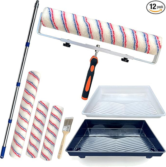Paint Roller Kit with Extension Pole Adjustable Frame 12 Inch 18 Inch Microfiber Covers, Extra-Large Stain Roller Brush Tray Liner Set for Walls Ceilings Interior Exterior Painting
