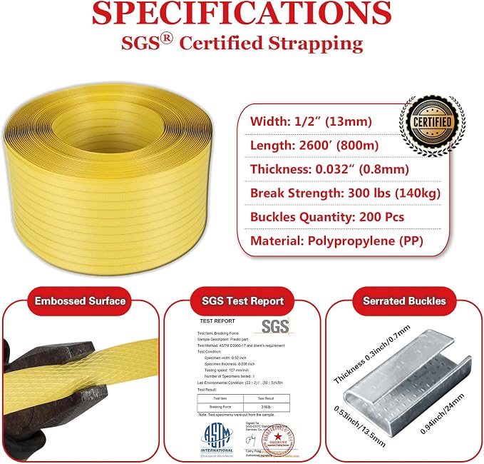 Banding Strapping Kit, Poly Strapping Kit, Packaging Banding Tool with 1/2" Width, 2600 ft Length Polypropylene Strapping Coil Roll and Dispenser Box – Certified 300 lbs Break