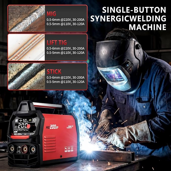 HGNVGZ MIG 200XP 4-in-1 Welder 110V/220V Dual Voltage IGBT | 4-in-1 MIG/TIG/Stick/Spool Gun, Synergic Control, LED Display, for DIY Auto Repair Workshop, Welding Goggles&Gloves Included