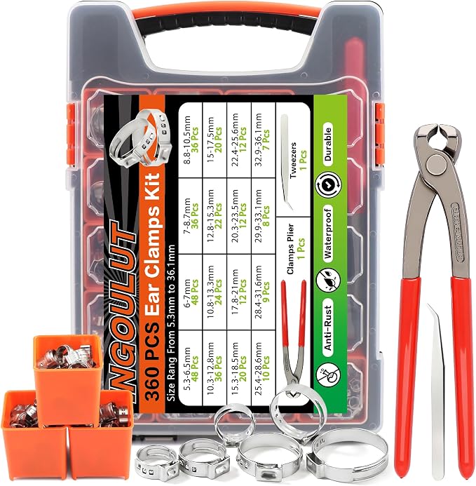 360Pcs Single Ear Hose Clamps Assortment Kit 304 Stainless Steel Cinch Crimp Hose Clamp 16 Size(5.3-36.1mm) Stepless Pinch Clamp with Tools for Plumbing/Garden/Automotive/Water Pipe/Radiator Pipe