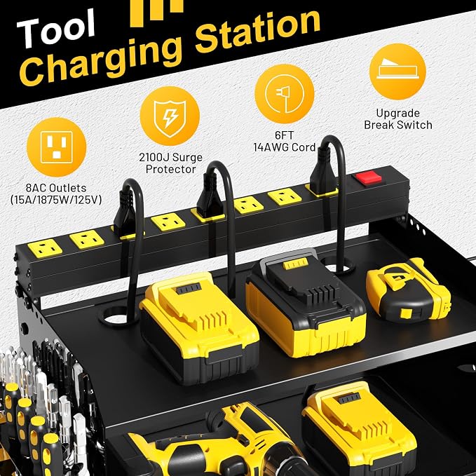 Power Tool Organizer Wall Mount with Charging Station & 8 Outlet,4 Layer Heavy Duty Metal Rack Loads 260lbs for Garage Organization,4 Cordless Drill Holders,Day Gift for Men,Glossy Black