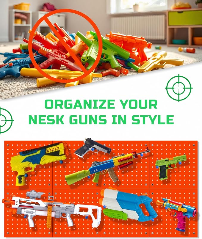 Skywin 2 Pack Wooden Pegboard Wall Organizer for Nerf Gun 13 x 13 x 0.31 Inches, Hanging Wall Pegboard Holder Compatible with All Blasters Nerf Gun Rack Organizer for Wall Organization (Orange)