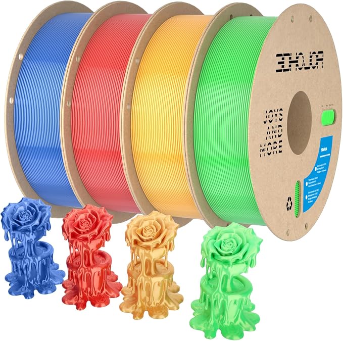 3DHoJor Silk PLA Filament 1.75mm, PLA Filament 1.75mm Silk Shiny 3D Printer Filament, 1kg*4 Cardboard Spool, Dimensional Accuracy +/- 0.03 mm, Fit Most FDM Printer(Gold+Red+Green+Blue)