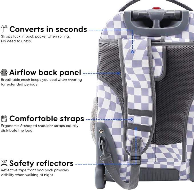 J World Sundance Laptop Rolling Backpack for Girls Boys. Roller Bookbag with Wheels, 20 Inch, Lavender Checkers
