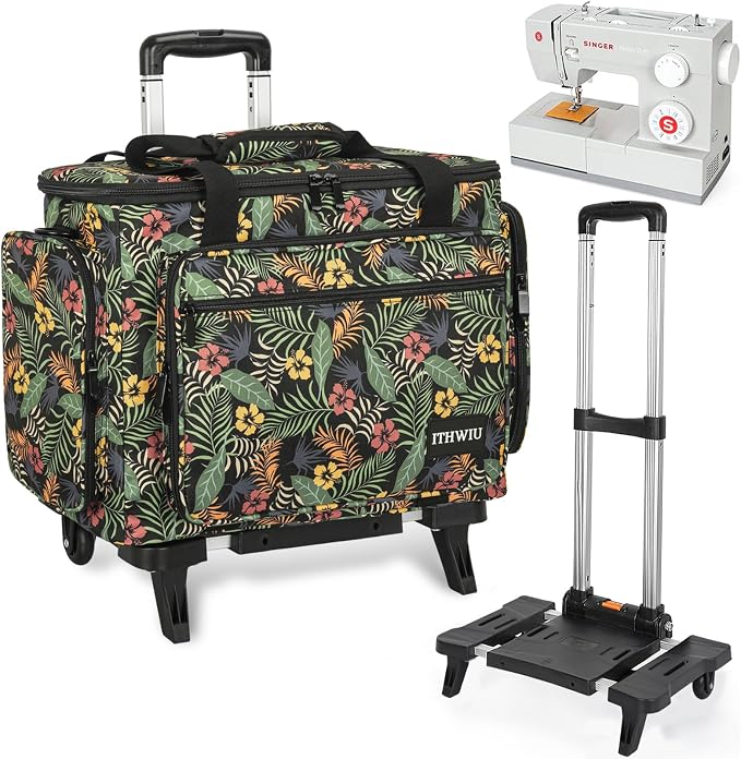 Sewing Machine Case with Wheels, Universal Rolling Trolley Tote with Shoulder Strap & Multiple Storage Pockets Compatible with Most Standard Singer, Brother, Janome, Floral