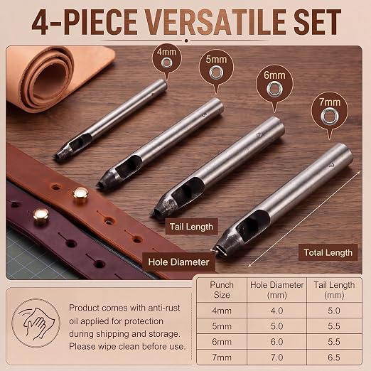 Leather Button Hole Punch, 45# Steel Professional Button Punch Tool Kit for Leather, Fabric, DIY Craft Projects, Beginners & Leatherworkers(4mm)