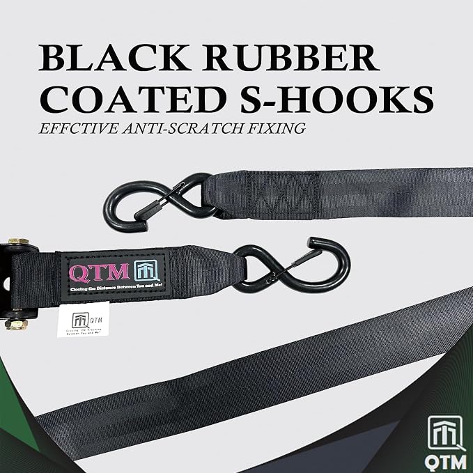 QTM Heavy Duty Retractable Ratchet Straps - 2 Inch X 10Feet, 4,400lbs Breaking Strength - Truck, Cargo Trailer, Motorcycle Tie Down Straps - 2 Pack with Bag (Black)