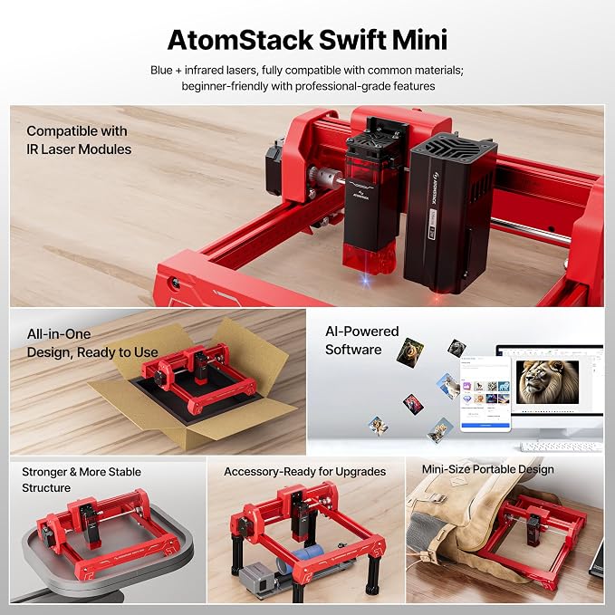 ATOMSTACK Swift 5W Laser Engraver Mini, Laser Engraving Machine for Wood Leather Acrylic, Desktop Laser Cutter, Fully Assembled, WiFi & USB, AI Software, 135×145mm Work Area, Red, 5000mW