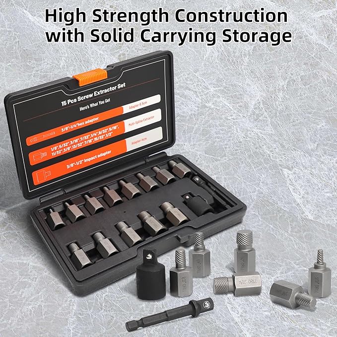 15Pcs Screw Extractor Set, Double Hex Head Multi-Spline Lug Nut Remover, 3/8 Inch Drive Easy Out Bolt Extractor Set for Removing Stripped, Rounded, Damaged, Broken Studs Bolts Screws