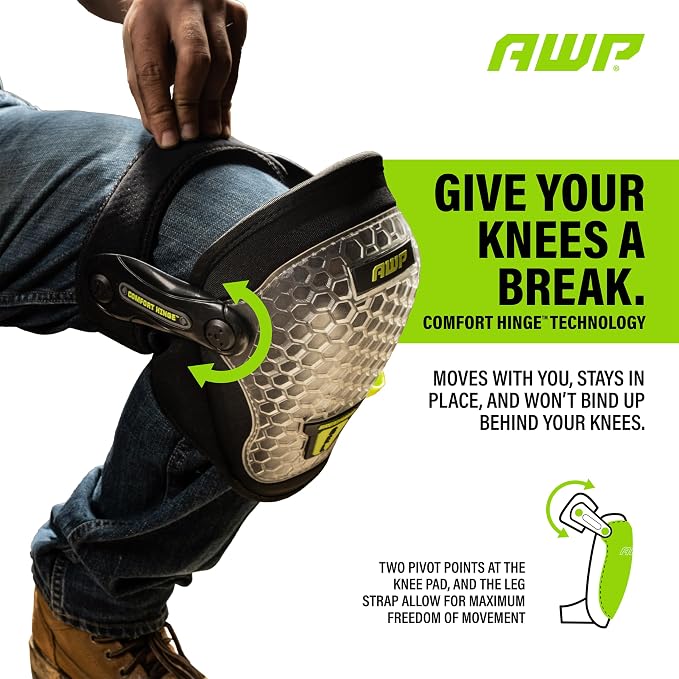 AWP Gel Pro Comfort Hinge Knee Pads | Dual Gel/Foam Padding + Comfort Hinge Design | Non-Marring Cap, Breathable Straps | Jobsite Knee Protection for Flooring, Construction & Landscaping