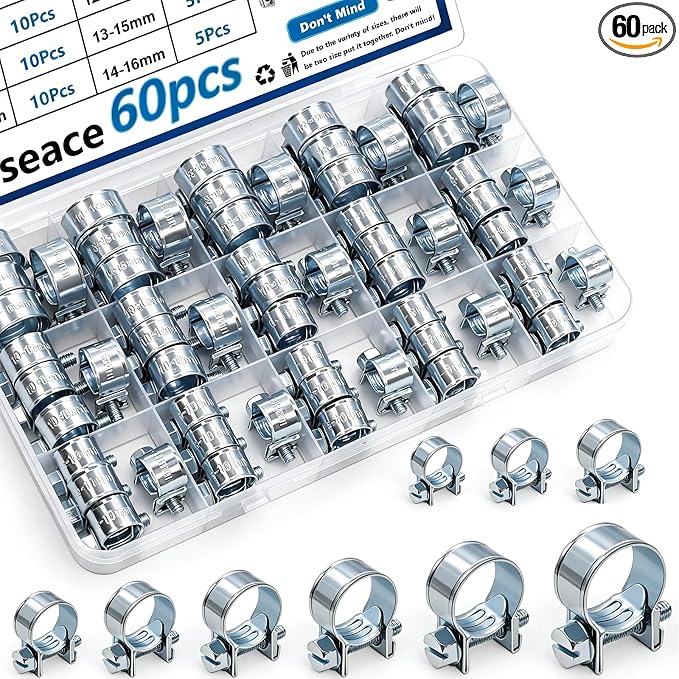 smseace 60Pcs Fuel Line Clamps Fuel Injection Hose Clamps 8-Sizes 7-16mm Zinc Plated High Pressure Hose Clamps For Diesel/Petrol Pipe in Automotive,Marine,Truck