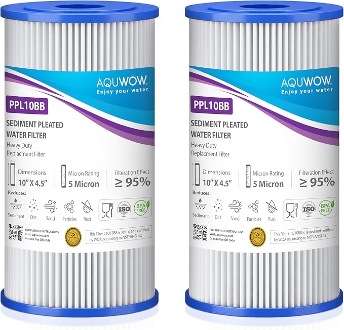 PPL10BB 5 Micron 4.5" x 10" Sediment Pleated Water Filter Set – Big Blue Replacement Cartridges for Whole House Water Filtration Systems Durable Premium Quality (2, 10 x 4.5)