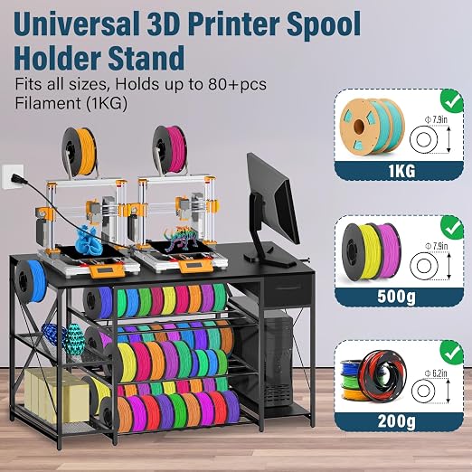 Professional 3D Printer Stand with Massive Filament Storage, Heavy Duty 4-Tier 3D Printer Table Workbench with Power Hub & Drawer, Stable 3D Printing Station for Bambu Lab, Creality & Workshop, Black
