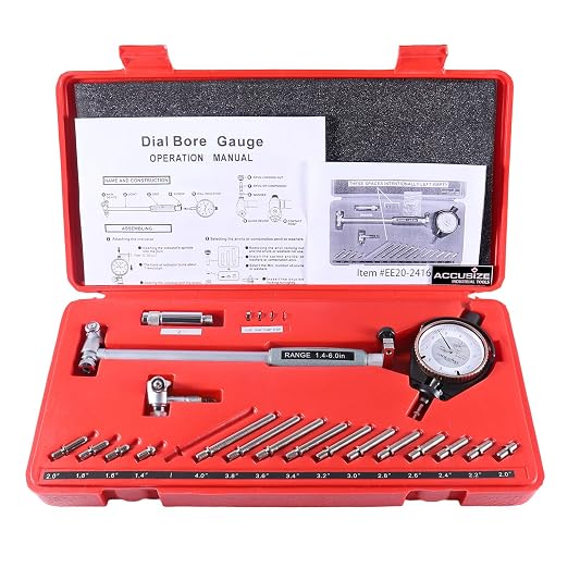 Accusize Dial Bore Gauge Set, 1.4-6 in Range, 0.0001 in Grad. | AGD Group 2 Indicator, 0-0.05 in Dial, Carbide-Tipped Contacts, 15 Anvils, 4 Spacers, EE20-2416