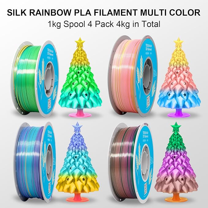 Silk Rainbow PLA 3D Printer Filament, 4 Rolls,1KG Spool(2.2lbs) 1.75mm 3D Printing Multicolor Gradient Filament Bundle for Most FDM 3D Printers,4 Different Silk Rainbow Colors