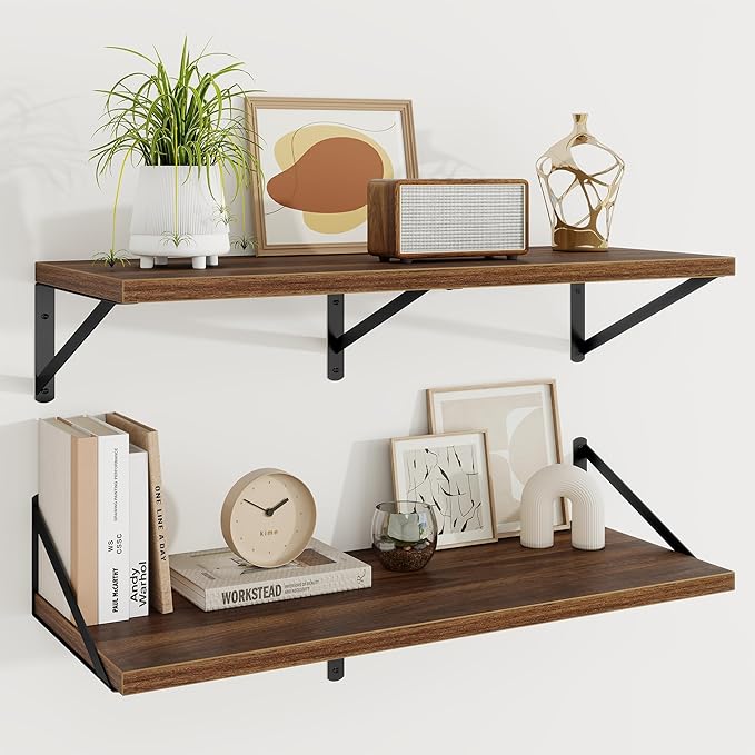 Floating Shelves 12 Inch Deep, 36W x 12D Wall Shelf Set of 2, 60 lbs Heavy Duty Reversible Metal Brackets, Deep Industrial Book Shelf for Living Room Kitchen Bath Bedroom Coffee Bar, Walnut