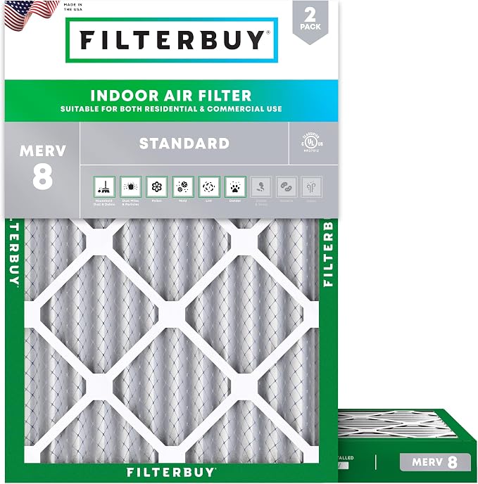 Filterbuy 24x30x2 Air Filter MERV 8 Essential Dust & Allergy Defense (2-Pack), Electrostatic Pleated HVAC AC Furnace Filters Replacement, Made in USA (Actual Size: 23.50 x 29.50 x 1.75)