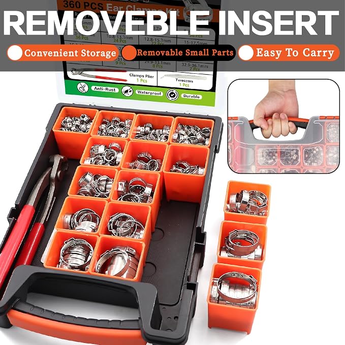 360Pcs Single Ear Hose Clamps Assortment Kit 304 Stainless Steel Cinch Crimp Hose Clamp 16 Size(5.3-36.1mm) Stepless Pinch Clamp with Tools for Plumbing/Garden/Automotive/Water Pipe/Radiator Pipe