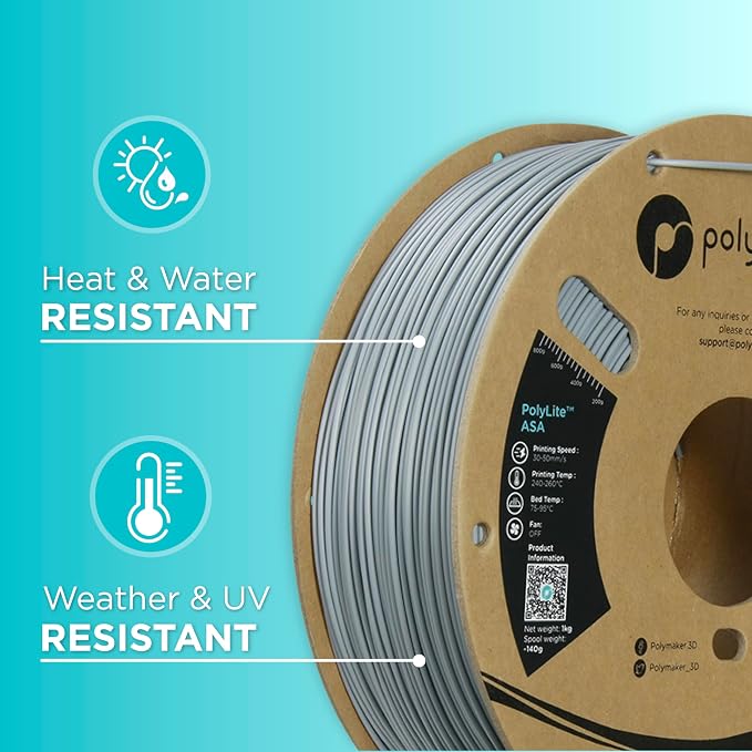 Polymaker ASA Filament 1.75mm Grey, 1kg ASA 3D Printing Filament, Heat & Weather Resistant - ASA 3D Printer Filament Perfect for Printing Outdoor Functional Parts
