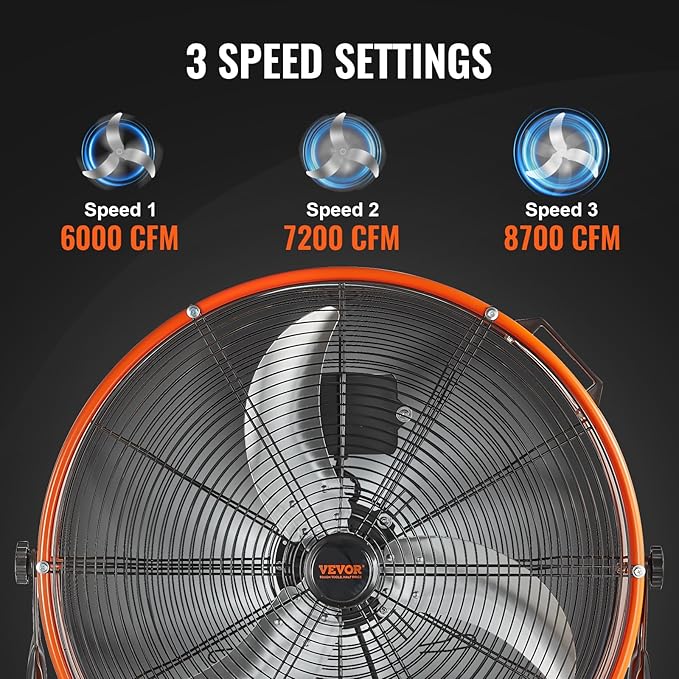 VEVOR 24" Industrial Drum Fan, 8700 CFM High Velocity Floor Fan with 3-Speed Control, 360° Tilt & 0-2h Timer for Warehouse, Workshop, Factory, Basement