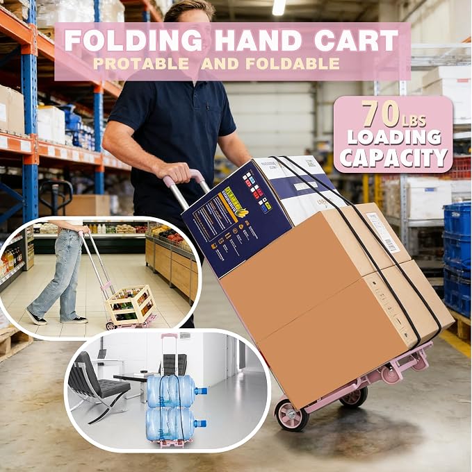 Folding Dolly Pink Hand Cart,Folding Hand Truck Aluminum Trolley,Small Dolly, Foldable Hand Cart 2 Wheel Luggage Trolley Expandable Large Chassis Foldable into Backpack Car Trunk