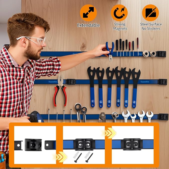 24" Magnetic Tool Holder Strip, 4 Pieces Blue Metal Tool Organizer Rack with Stainless Steel Surface, Magnet Bar for Garage Workshop, Easy To Install with Mounting Screws