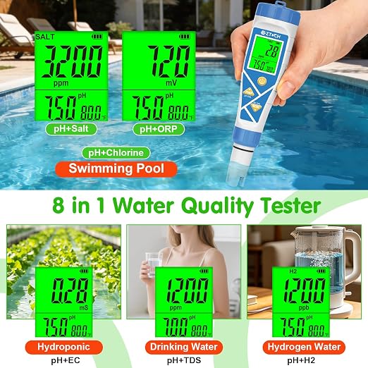 Pool pH Salt and Chlorine Tester 8 in 1 Digital pH Salinity TDS EC Chlorine ORP H2 for Salt Water Pool, Hot Tub, Hydroponic, Aquarium, Hydrogen Water Bottle, Simultaneously Display pH&CI-Temp