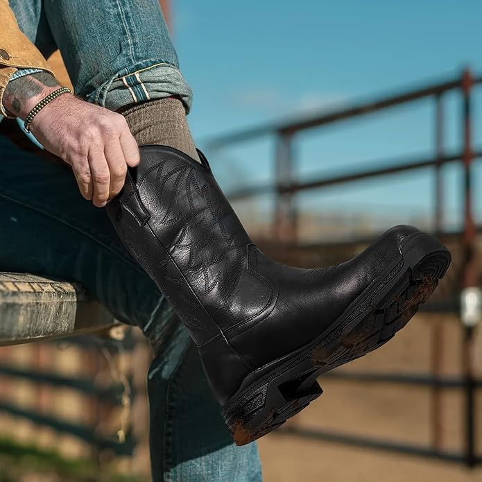 ANGRYRAM Cowboy Work Boots for Men Square Toe Leather Western Boot Slip Resistant Indestructable Steel Toe Safety Boots for Men Work-Man Pro Series