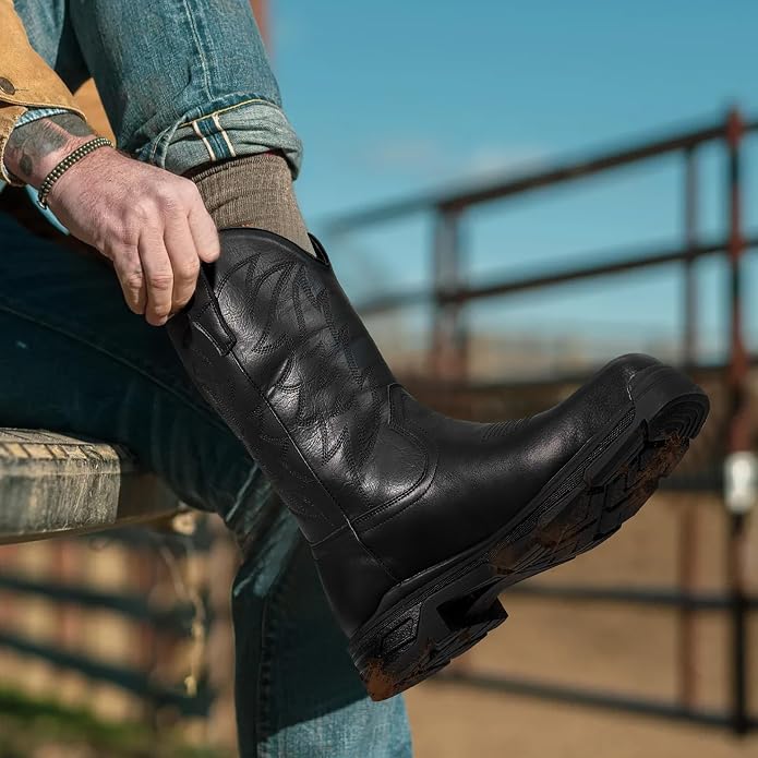 ANGRYRAM Cowboy Work Boots for Men Square Toe Leather Western Boot Slip Resistant Indestructable Steel Toe Safety Boots for Men Work-Man Pro Series