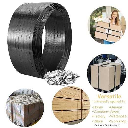 Heavy Duty PET Banding Strapping Kit, 1700ft x 5/8″ 925lbs Break Strength Industrial-Grade Black Polyester Plastic Packaging Strapping Roll with 200 Metal Seals for Pallets, Logistics, Warehouse