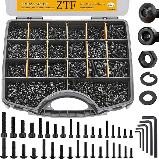ZTF 4005pcs Screw Assortment Kit M2 M3 M4 M5 Hex Socket Cap & Button Head Screws, Metric Nuts and Bolts Assortment Kit with Washers & Wrench – Assorted Nuts and Bolts for DIY, Electronics, 3D Printers