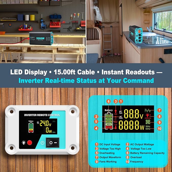 2000 Watt Pure Sine Wave Inverter, 24V DC to 120V AC Inverters for RV, Truck, Solar, Home, Power Inverter with 3 AC Outlet, 30W USB-C, 5V 3.1A USB, Hardwire Port, Remote Control, Surge 4000W