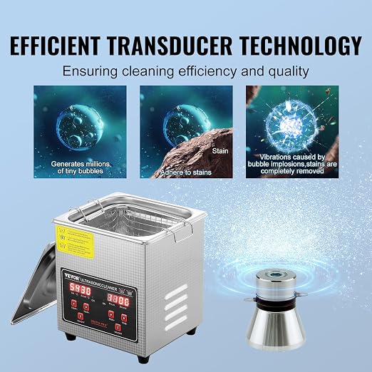VEVOR Sonic Cleaner with Digital Timer & Heater, Professional Ultra Sonic Parts Cleaner, Stainless Steel Heated Cleaning Machine for Glasses Watch Rings Jewelry Circuit Board (2L)
